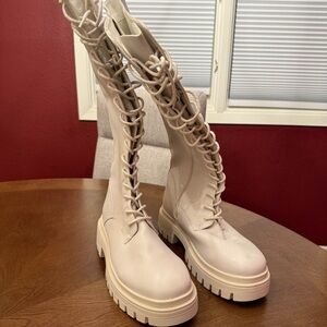 Cream Lace-Up Knee High Platform Combat Boots